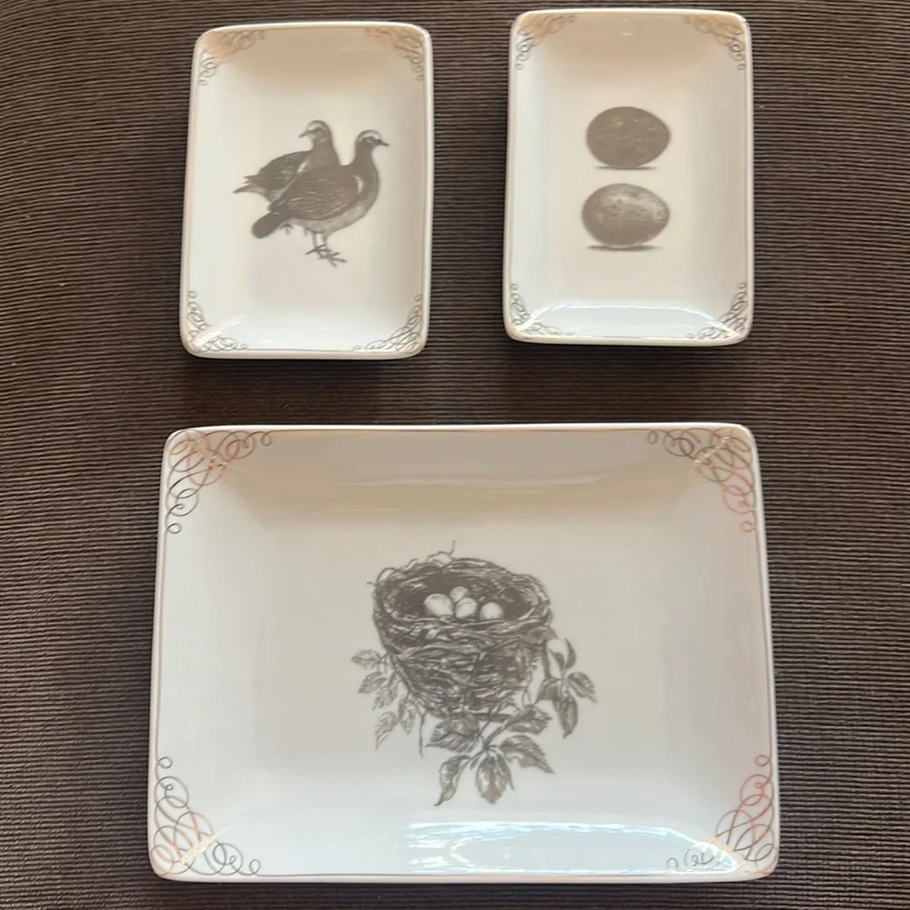 🌴West Elm Sesame Letterpress Discontinued Bird Nest Eggs Plates Set of 3 + Box